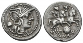 T. Quinctius Flamininus. Denarius circa 126, AR 19mm., 3.90g. Helmeted head of Roma r.; behind, apex and before, *. Rev. The Dioscuri galloping r.; be...