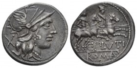 C. Plautius Denarius circa 121, AR 19mm., 3.86g. Helmeted head of Roma r.; behind, X. Rev. The Dioscuri galloping r.; below, C·PLVTI and ROMA in parti...