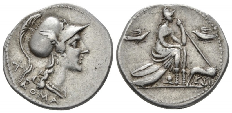 Anonymous issues. Denarius circa 115-114, AR 21.5mm., 3.96g. Head of Roma r., we...