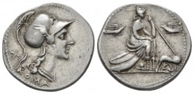 Anonymous issues. Denarius circa 115-114, AR 21.5mm., 3.96g. Head of Roma r., wearing winged Corinthian helmet.; behind, X and below, ROMA. Rev. Roma ...