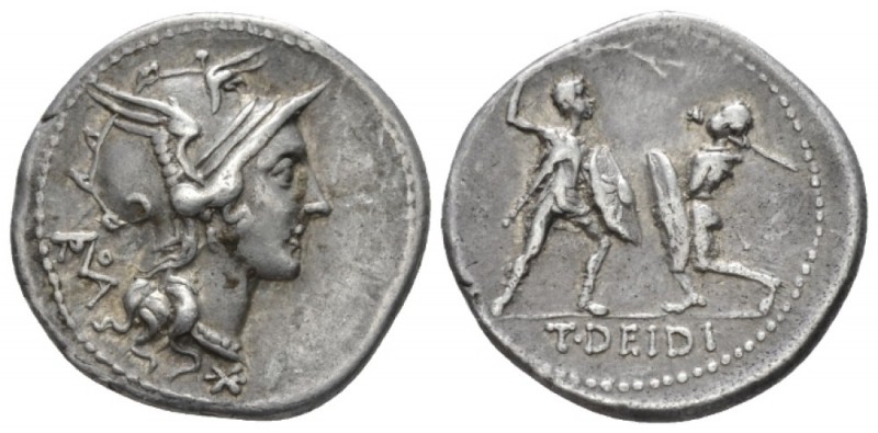 T. Didius Denarius 113 or 112, AR 20mm., 3.91g. Helmeted head of Roma r.; behind...