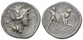 T. Didius Denarius 113 or 112, AR 20mm., 3.91g. Helmeted head of Roma r.; behind, ROMA in monogram. Below neck truncation, *. Rev. Fight between two g...