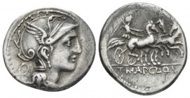 T. Manlius Mancinus, Appius Claudius Pulcher and Q. Urbinius. Denarius 111 or 110, AR mm., g. Helmeted head of Roma r.; behind, quadrangular device. R...