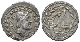 L. Aurelius Cotta. Denarius serratus circa 105, AR 19.5mm., 3.90g. Draped bust of Vulcan r., wearing cap bound with laurel wreath, tongs over shoulder...