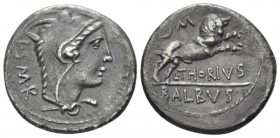 L. Thorius Balbus. Denarius circa 105, AR 20.3mm., 3.72g. Head of Juno Sospita r., wearing goat skin; behind, I.S·M·R. Rev. Bull butting r.; above, F ...