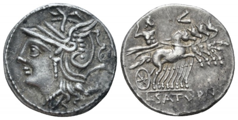 L. Appuleius Saturninus. Denarius circa 104, AR 19.2mm., 3.81g. Helmeted head of...