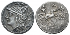 L. Appuleius Saturninus. Denarius circa 104, AR 19.2mm., 3.81g. Helmeted head of Roma l. Rev. Saturn in quadriga r., holding reins and harpa; above ho...