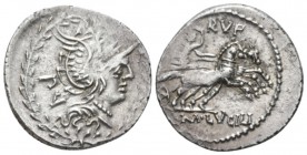 M. Lucilius Rufus. Denarius circa 101, AR 21.5mm., 3.85g. Helmeted head of Roma r.; behind, PV. All within laurel wreath. Rev. RVF Victory in biga r.,...