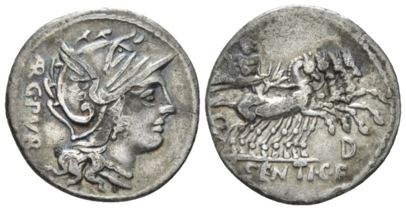 L. Sentius C.f. Denarius circa 101, AR 20mm., 3.63g. Helmeted head of Roma r.; b...