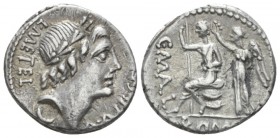 C. Publicius Malleolus, A. Postumius Sp. f. Albinus and L. Metellus. Denarius circa 96 (?), AR 18.8mm., 3.84g. L·METEL – A·ALB·S·F Laureate head of Ap...