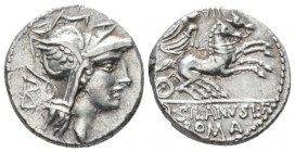 D. Iunius Silanus L.f. Denarius circa 91, AR 17.5mm., 4.03g. Denarius 91, AR 4.06 g. Helmeted head of Roma r.; behind N. Rev. Victory in biga r., hold...