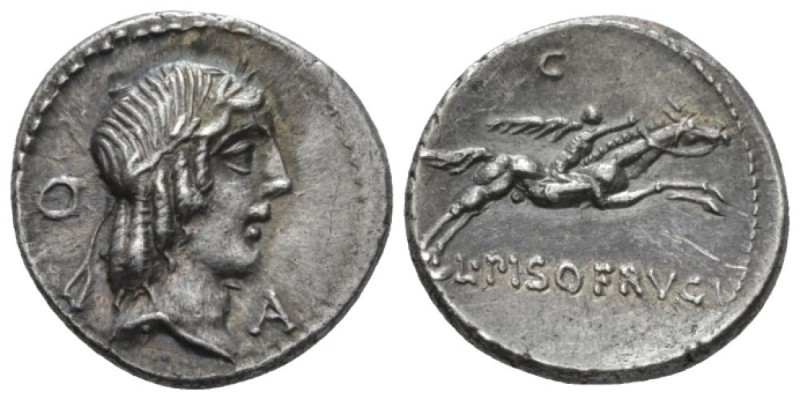 Denarius circa 90, AR 18mm., 3.73g. Laureate head of Apollo r.; behind, anulet a...