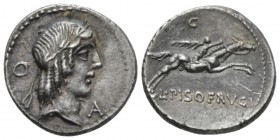 Denarius circa 90, AR 18mm., 3.73g. Laureate head of Apollo r.; behind, anulet and in front, A. Rev. Horseman galloping r., holding palm-branch; above...