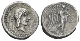 L. Piso Frugi Quinarius circa 90, AR 13.5mm., 1.91g. Laureate head of Apollo r.; behind, E. Rev. L·PI – SO Victory standing r., holding wreath in r. h...