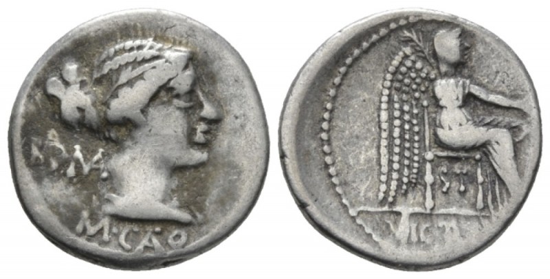 M. Cato. Denarius circa 89, AR 18mm., 3.70g. Diademed and draped female bust r.,...