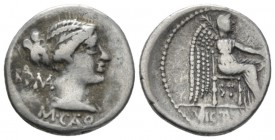 M. Cato. Denarius circa 89, AR 18mm., 3.70g. Diademed and draped female bust r., behind, ROMA and below neck truncation, M CATO. Rev. Victory seated r...