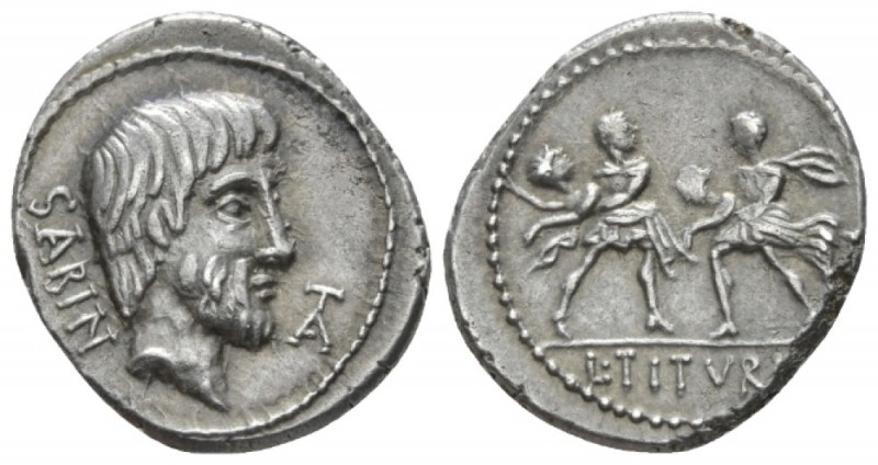 L. Titurius L.f. Sabinus. Denarius circa 89, AR 18mm., 3.80g. SABIN Head of King...