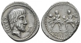 L. Titurius L.f. Sabinus. Denarius circa 89, AR 18mm., 3.80g. SABIN Head of King Tatius r.; before, TA ligate. Rev. Rape of the Sabine women; in exerg...