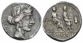 M. Fannius. L. Critonius Aed Pl. Denarius circa 86, AR 18.5mm., 3.07g. AED·PL Draped bust of Ceres r. Rev. Two male figures seated on bench side by si...