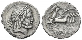 Q. Antonius Balbus. Denarius serratus circa 83-82, AR 19mm., 3.40g. Laureate head of Jupiter r.; behind, S·C. Rev. Victory in quadriga r., holding rei...
