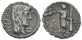 A. Postumius Albinus. Denarius serratus circa 81, AR 18.8mm., 3.77g. HISPAN Veiled head of Hispania r. Rev. A – POST·A·F – ·S·N – ALBIN Togate figure ...