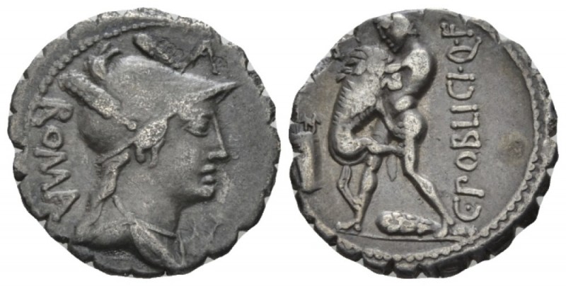 C. Poblicius Q. f. Denarius serratus circa 80, AR 18.5mm., 3.70g. Helmeted and d...