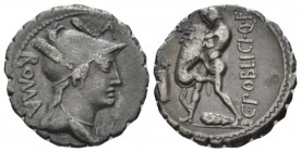 C. Poblicius Q. f. Denarius serratus circa 80, AR 18.5mm., 3.70g. Helmeted and draped bust of Roma r.; behind, ROMA and above, P. Rev. Hercules strang...