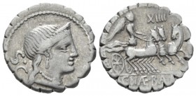 C. Naevius Balbus. Denarius serratus circa 80, AR 18.5mm., 3.81g. Diademed head of Venus r.; behind, S·C. Rev. Victory in prancing triga r.; above, TX...