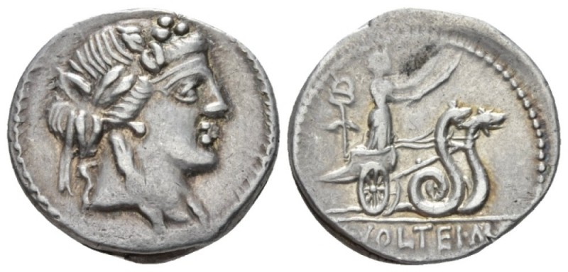 M. Volteius M.f. Denarius circa 78, AR 18.8mm., 3.90g. Head of Liber r., wearing...