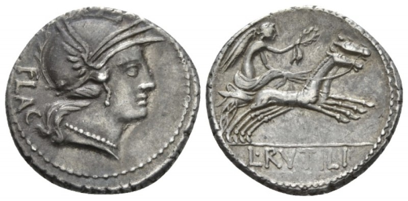 L. Rutilius Flaccus. Denarius circa 77, AR 19mm., 3.86g. FLAC Helmeted head of R...