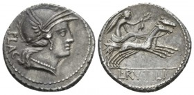 L. Rutilius Flaccus. Denarius circa 77, AR 19mm., 3.86g. FLAC Helmeted head of Roma r. Rev. Victory in biga r., holding reins and wreath; in exergue, ...