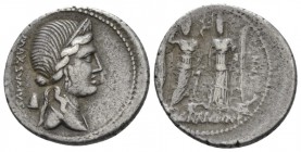 C. Egnatius Cn. f. Cn. n. Maxumus. Denarius circa 75, AR 20mm., 3.63g. MAXSVMVS Laureate and diademed bust of Libertas r.; behind, pileus. Rev. V – CN...