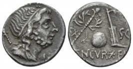 Cn. Cornelius Lentulus. Denarius Spain (?) 76-75, AR 17mm., 3.62g. Draped bust of the Genius Populi Romani r., hair tied with band and sceptre over sh...