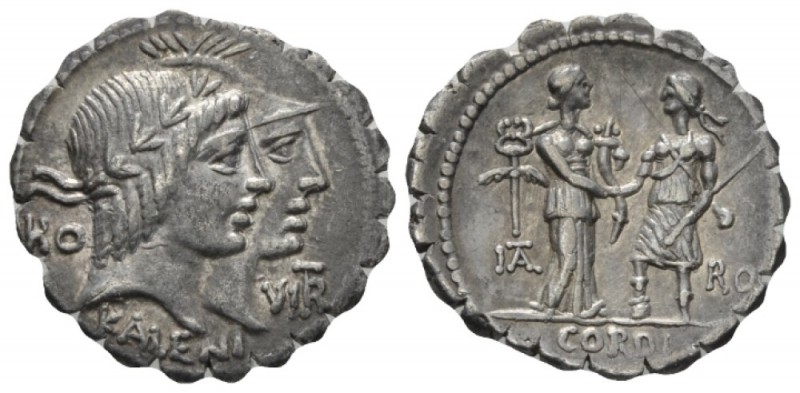 Q. Fufius Calenus and Mucius Cordus. Denarius serratus circa 70, AR 20.5mm., 3.6...