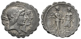 Q. Fufius Calenus and Mucius Cordus. Denarius serratus circa 70, AR 20.5mm., 3.69g. Jugate heads of Honos and Virtus r.; in l. field, HO and in r. fie...