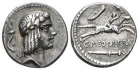 C. Calpurnius L.f. Frugi Denarius circa 67, AR 17.5mm., 4.02g. Laureate head of Apollo r.; behind, snake coiled around stick. Rev. Horseman galloping ...
