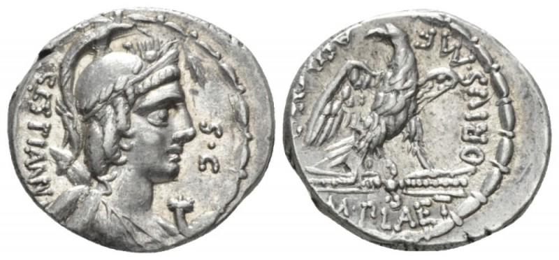 M. Plaetorius M.f. Caestianus. Denarius circa 67, AR 18.5mm., 3.79g. Bust r. wit...