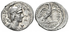 M. Plaetorius M.f. Caestianus. Denarius circa 67, AR 18.5mm., 3.79g. Bust r. with the attributes of Isis, Minerva, Apollo, Diana and Victory; before, ...
