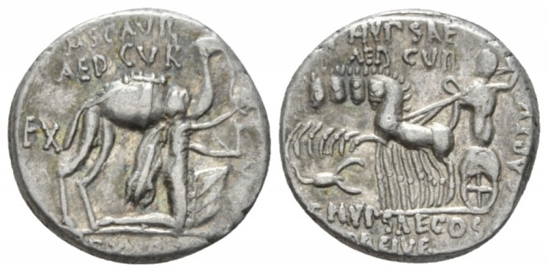 M. Aemilius Scaurus, P. Plautius Hypsaeus. Denarius circa 58, AR 17mm., 3.86g. M...