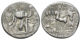 M. Aemilius Scaurus, P. Plautius Hypsaeus. Denarius circa 58, AR 17mm., 3.86g. M·SCAVR / AED·CVR Kneeling figure r., holding olive branch and reins of...