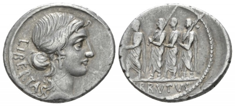 M. Iunius Brutus. Denarius circa 54, AR 20.5mm., 3.94g. LIBERTAS Head of Liberta...
