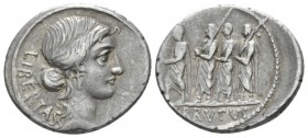 M. Iunius Brutus. Denarius circa 54, AR 20.5mm., 3.94g. LIBERTAS Head of Libertas r. Rev. The consul L. Junius Brutus walking l. between two lectors p...