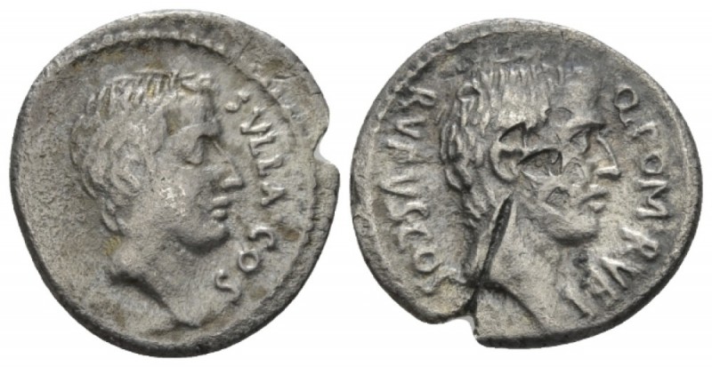 Q. Pompeius Rufus. Denarius circa 54, AR 19mm., 3.29g. SVLLA·COS Head of Sulla r...