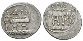 Q. Pompeius Rufus. Denarius circa 54, AR 19.5mm., 3.94g. Q·POMPEI·Q·F / RVFVS Curule chair; on l., arrow and on r., laurel branch; below, COS on table...