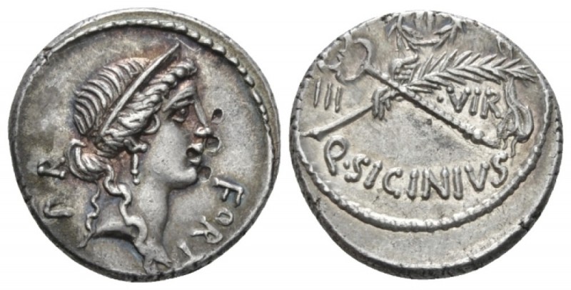 Q. Sicinius. Denarius circa 49, AR 17.5mm., 3.99g. FORT – P·R Diademed head of F...