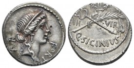 Q. Sicinius. Denarius circa 49, AR 17.5mm., 3.99g. FORT – P·R Diademed head of Fortuna Populi Romani r. Rev. Palm branch tied with fillet and winged c...