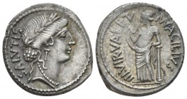 Mn. Acilius Glabrio. Denarius circa 49, AR 19.5mm., 4.02g. SALVTIS upwards Laureate head of Salus r. Rev. MN·ACILIVS – III·VIR·VALETV Valetudo standin...