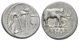 C. Iulius Caesar. Denarius mint moving with Caesar 49-48, AR 16mm., 3.87g. Pontifical emblems: culullus, aspergillum, axe and apex. Rev. Elephant r., ...
