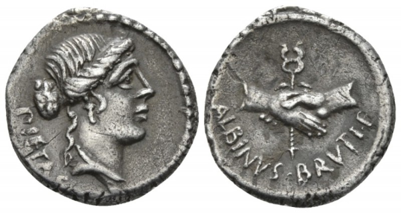 D. Iunius Brutus Albinus. Denarius circa 48, AR 18.5mm., 3.65g. PIETAS Head of P...