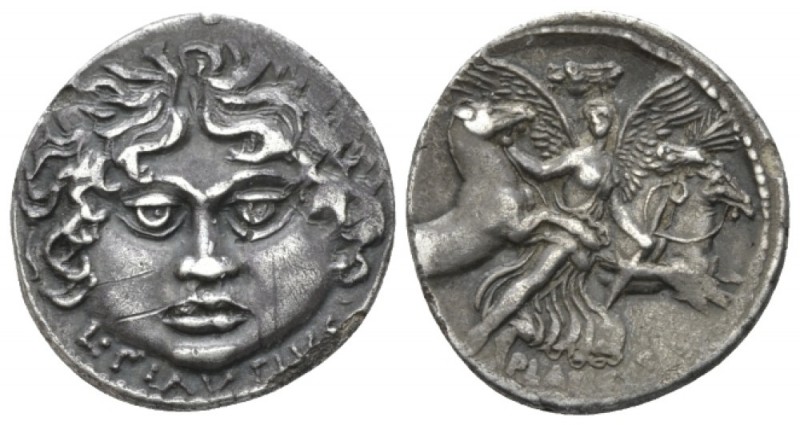 L. Plautius Plancus. Denarius circa 47, AR 19mm., 3.69g. Head of Medusa facing w...